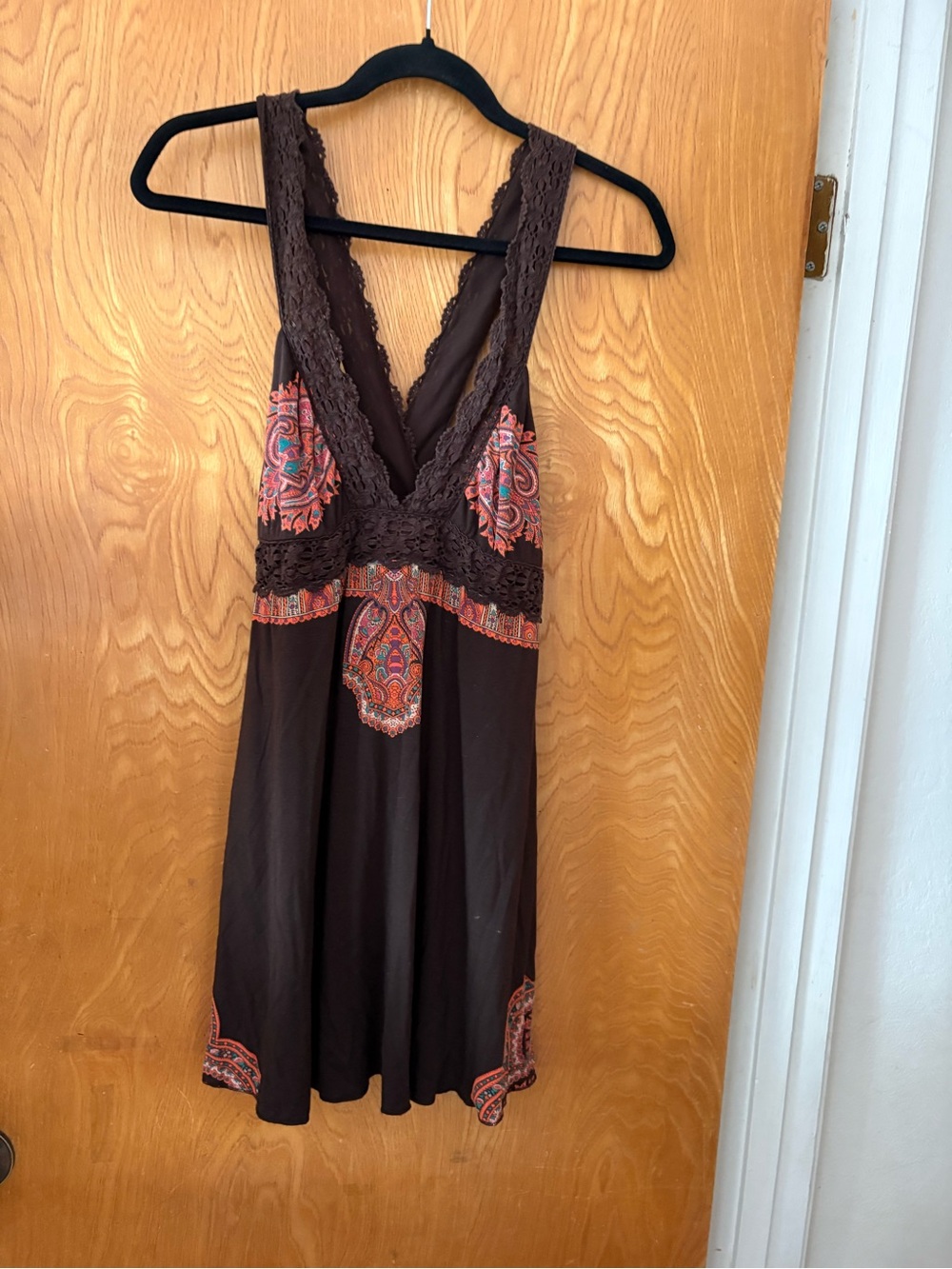 Vintage Free People Chocolate Brown Paisley Lace-Trim Slip tunic M